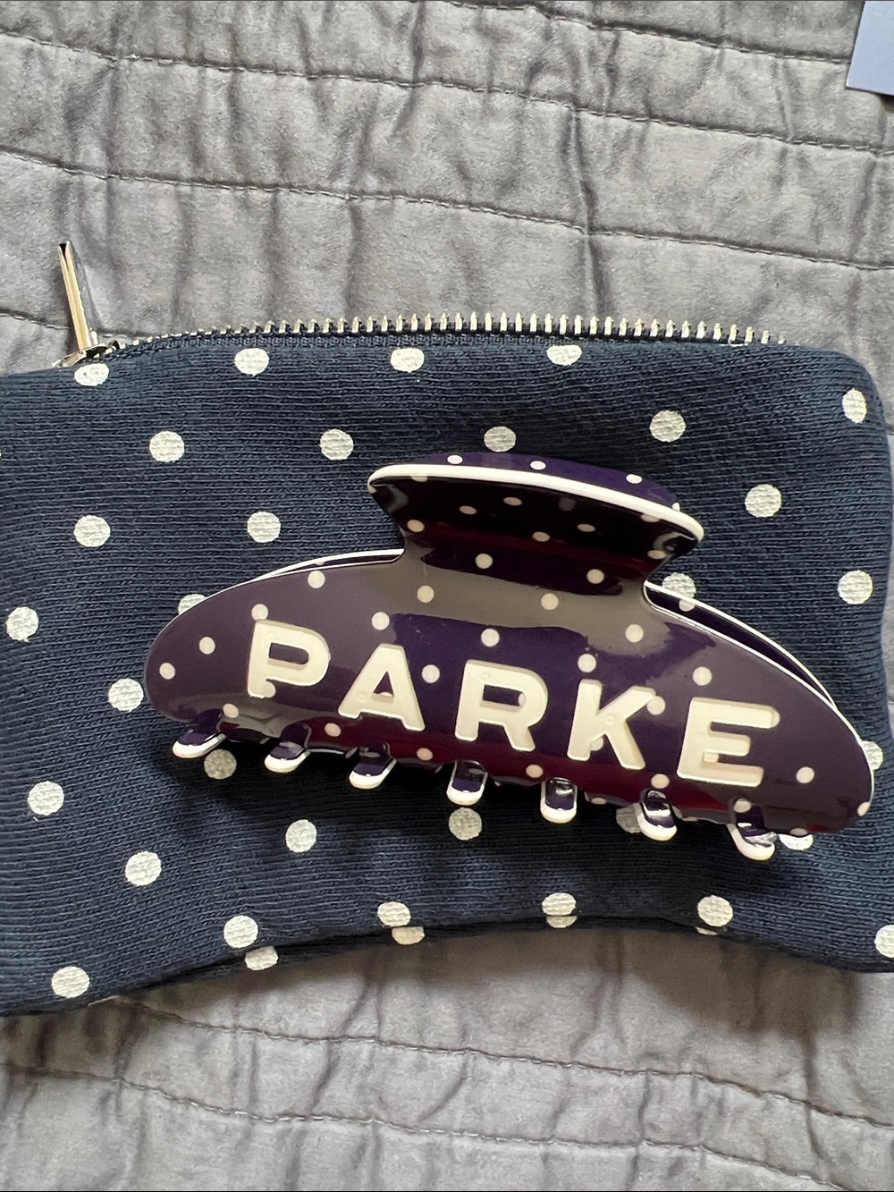 PARKE Navy Polka Dot Hair Claw Clip and Zipper Pouch New In Bag NWT
